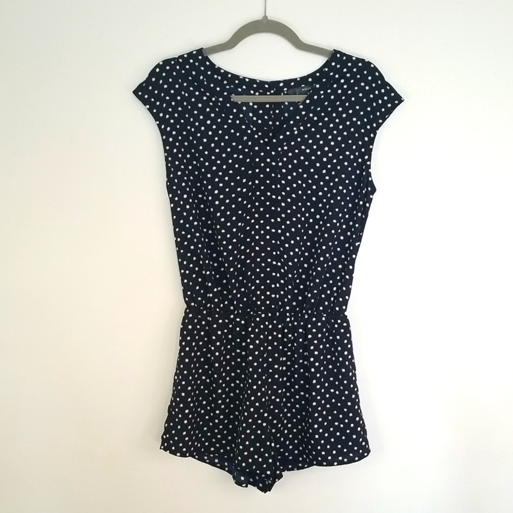 Aqua Black Cream Polka Dot Lined Vneck Romper Small